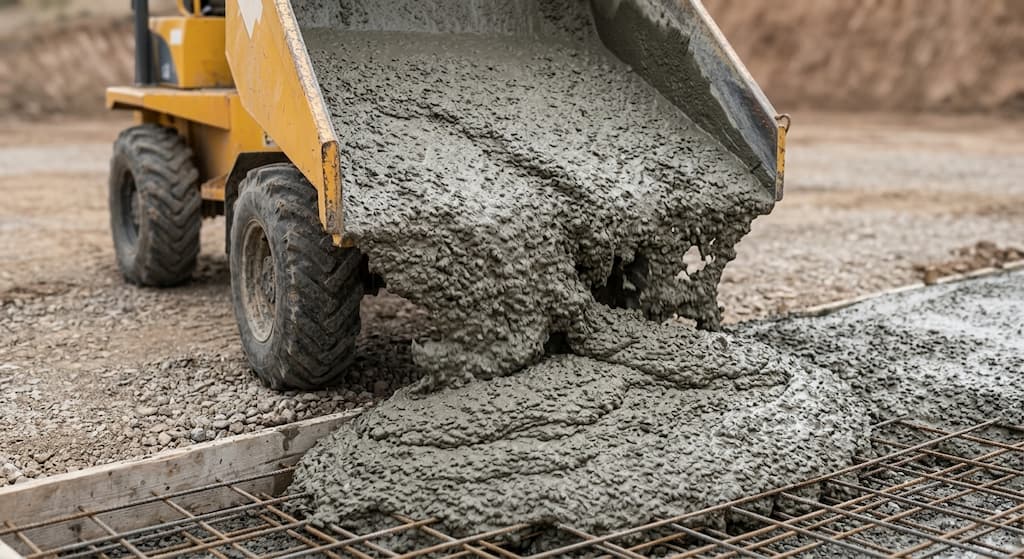 Dumper descargando hormigón fresco en una obra