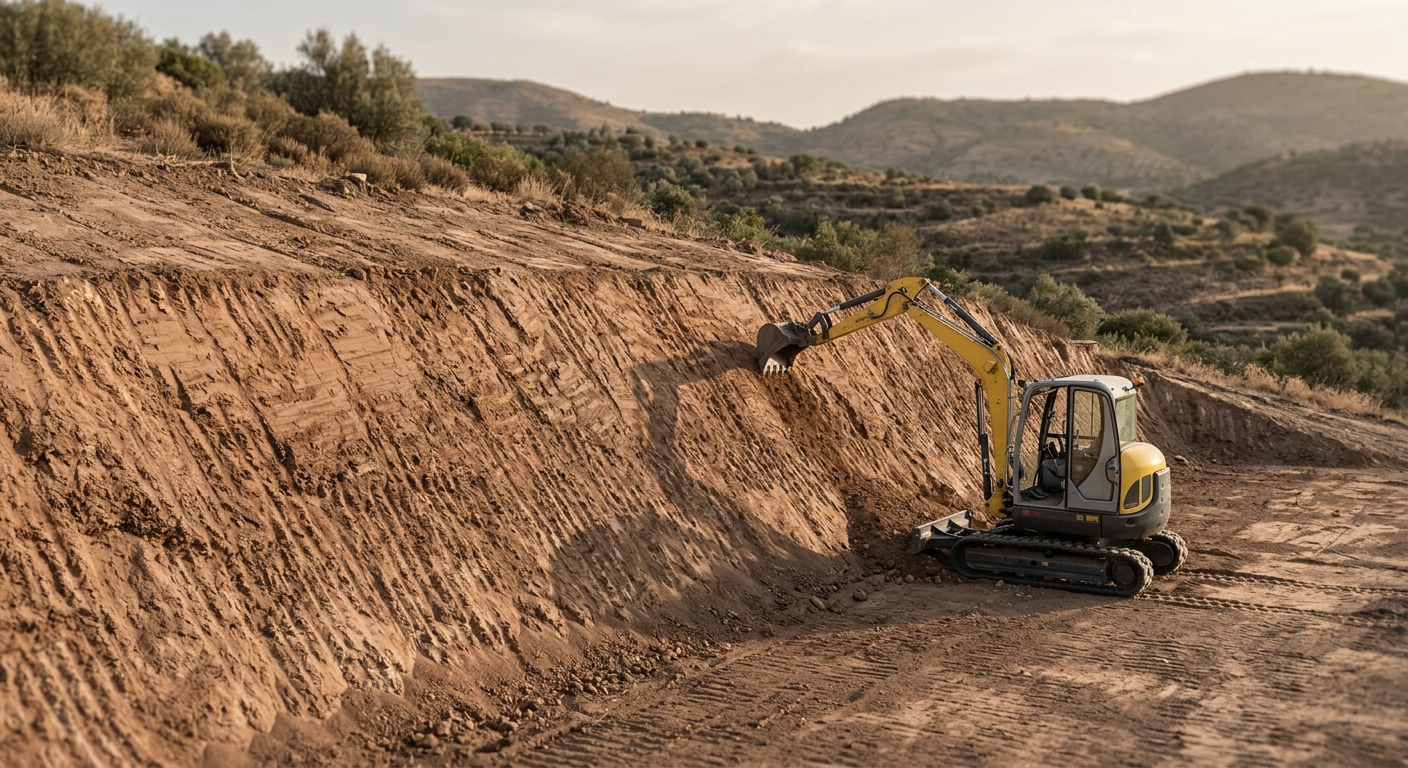 Miniexcavadora perfilando un talud de desmonte en una obra