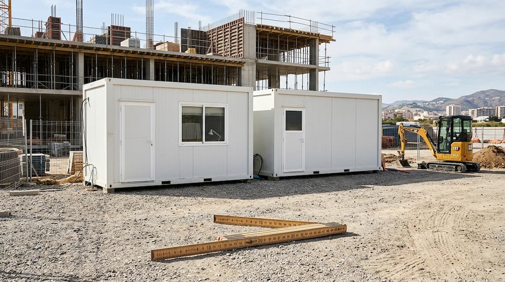 Dos casetas de obra de 6 x 2,4 m en una obra, ejemplo de medidas de caseta de obra estándar