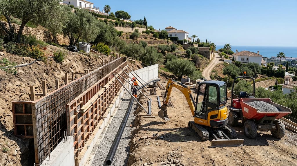 Muro de contención de hormigón armado en construcción con miniexcavadora y dumper en una parcela en pendiente